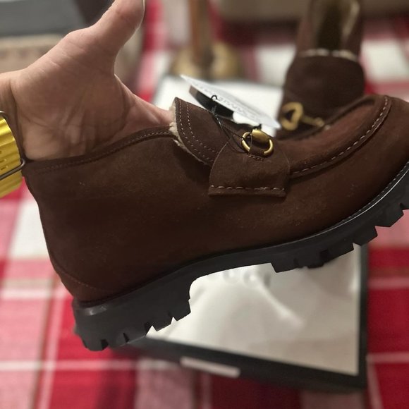 NEW GUCCI MEN'S BROWN SUEDE SHEARLING FUR HORSEBIT BOOTS/Loafer size G8/US 10 - Picture 8 of 16